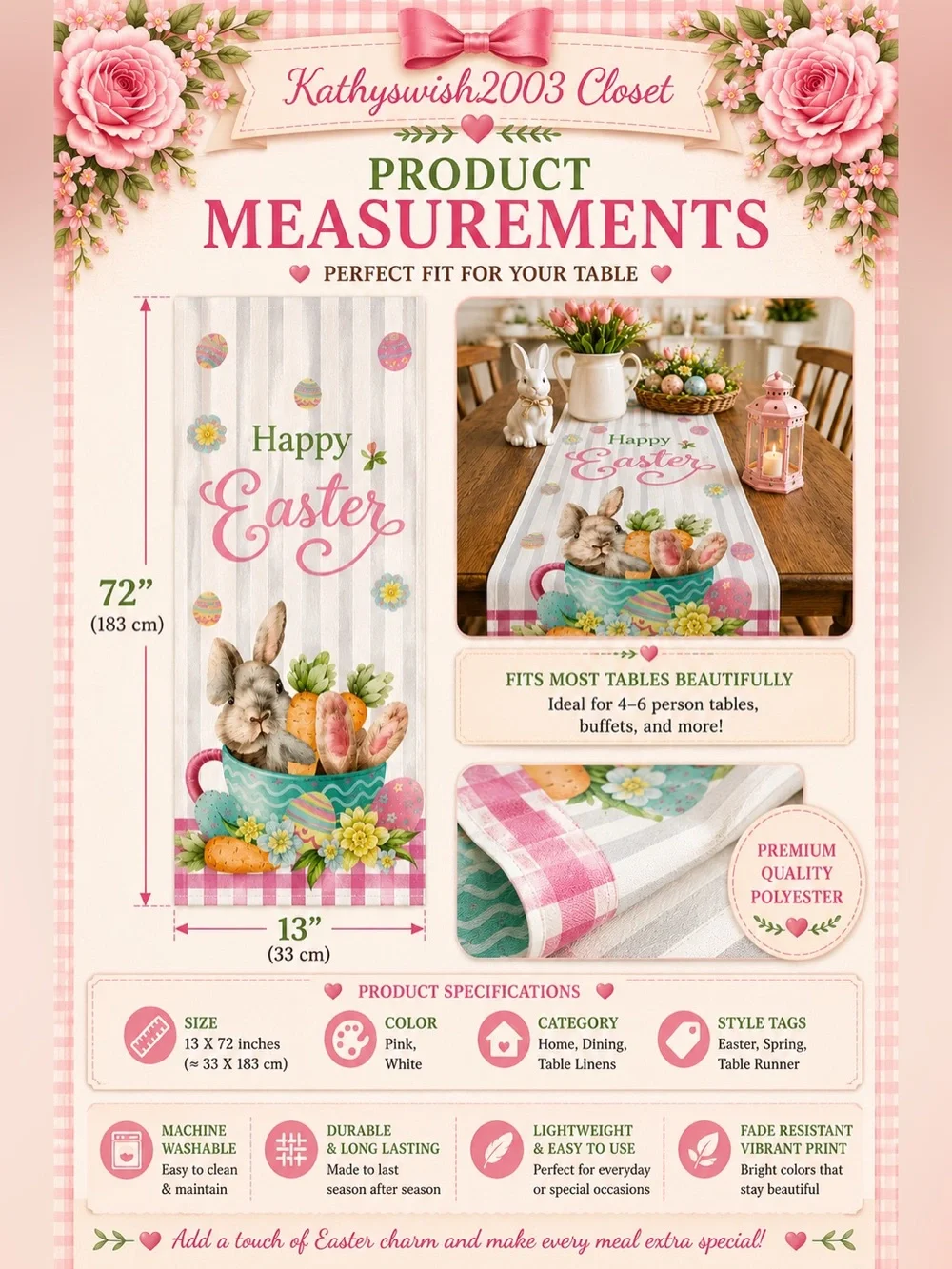 Happy Easter Buffalo Plaid Carrot Bunny Table Runner